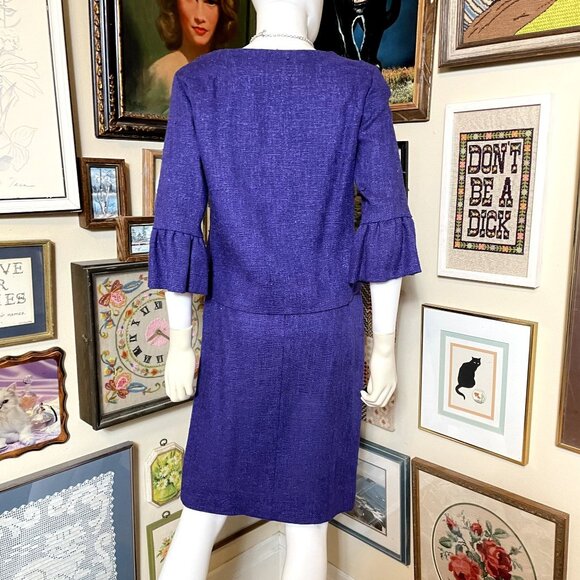 50s Vintage Patty Woodard Purple Woven Skirt and Jacket set with Ruffle Sleeve a - Picture 3 of 9